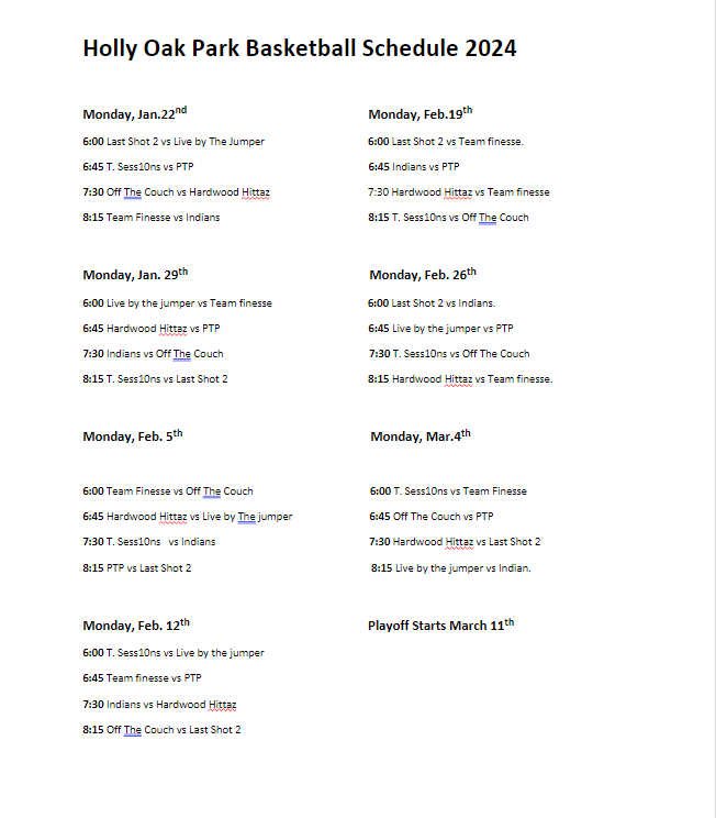 2024 Adult Basketball Schedule